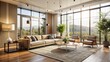 © DigitalArt Max - Modern minimalist empty living room interior with sleek furniture beige walls and large windows allowing natural light to filter in.