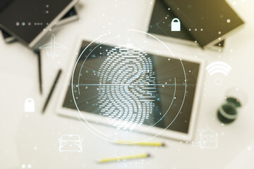 Aufkleber - Double exposure of abstract creative fingerprint hologram and modern digital tablet on background, protection of personal information concept