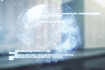 Aufkleber - Double exposure of abstract creative programming illustration and world map on contemporary business center exterior background, big data and blockchain concept
