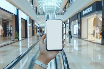 Wall Mural - Woman hand holding a mobile smart phone with a blank screen inside a contemporary shopping mall. It serves as a mockup template