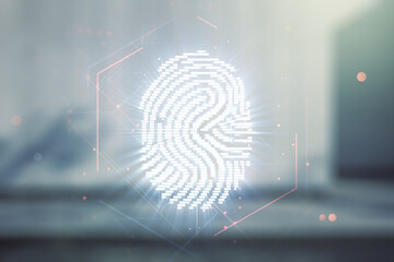 Poster - Multi exposure of virtual creative fingerprint hologram on modern business center exterior background, personal biometric data concept