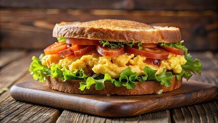 Poster - Delicious breakfast sandwich with crispy bacon, scrambled eggs, and fresh lettuce on toasted bread, breakfast, sandwich, bacon