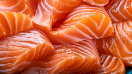 Close up of fresh salmon fillet, perfect for sushi, sashimi, or grilling. Healthy omega 3 fatty acid food. Texture of fresh, raw fish.