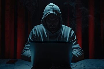 Wall Mural - Hacker in hoodie using laptop in dark room with red light. Concepts. cyber security, cybercrime, data breach, hacking, online theft, dark web