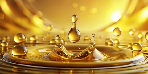 Poster - Golden oil drops on yellow background, high resolution photography, oil, drops, golden, yellow, background, high resolution