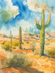 Sticker - Vibrant Watercolor Sky Adorning an Expansive Desert Landscape - A breathtaking serene landscape of a vast desert under a vibrant watercolor sky. Towering cacti stand like silent sentinels amidst sculp