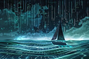 Wall Mural - A sailboat navigating through a sea of digital waves under a circuit board sky