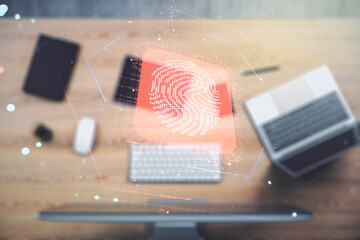 Aufkleber - Double exposure of abstract creative fingerprint hologram on computer background, protection of personal information concept
