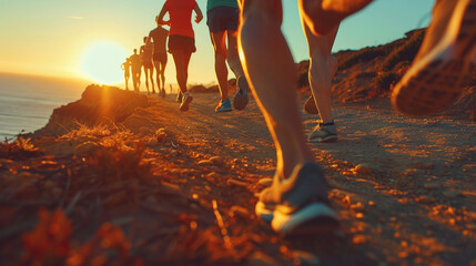  Close up of legs of runner group running on sunrise seaside trail