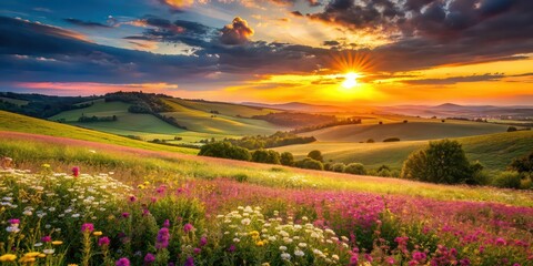 Wall Mural - Idyllic summer landscape with vibrant sunset over rolling hills and blooming flowers, sunset, summer, landscape