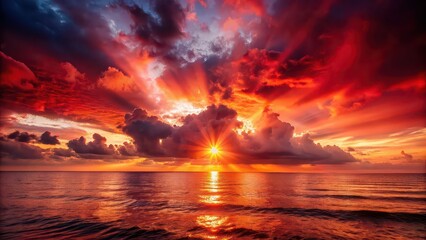 Canvas Print - Red sunset over the sea with dramatic dark clouds and rays of light, sunset, red, sea, water, ocean, clouds, dark, dramatic, vibrant