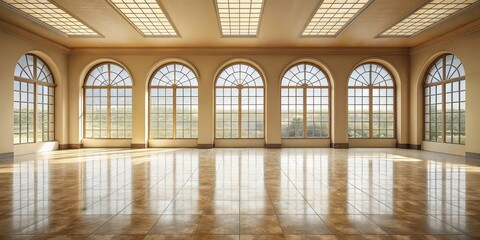 Canvas Print - Large empty beige hall with high arched windows and tiled floor in minimalist style, minimalist, hall