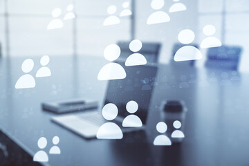Poster - Double exposure of social network icons concept with computer on background. Networking concept