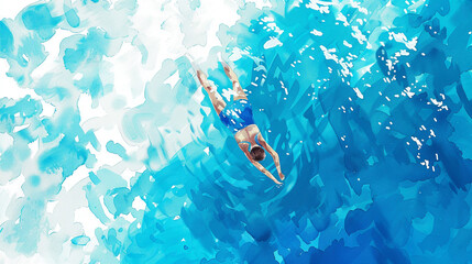 A swimmer diving into a clear blue pool. Watercolor painting illustration.