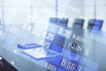 Poster - Multi exposure of stats data illustration on modern laptop background, computing and analytics concept