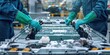 © Ahmed - Technicians in green gloves dismantling electric vehicle battery in manufacturing plant. Concept Production, Technicians, Electric Mobility, Battery Breakdown, Green Glove