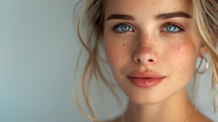 Wall Mural - Serene Beauty: Close-Up Portrait of a Young Woman with Freckles