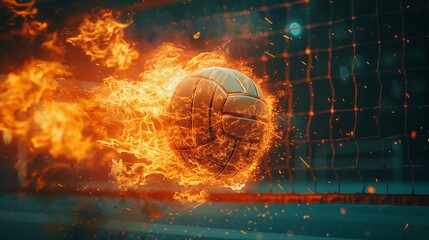 Photorealistic volleyball engulfed in flames, captured mid-air on a court under floodlights, dark background, dynamic movement, ample copy space.