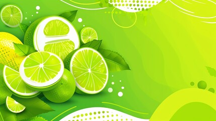 Wall Mural - Lemon lime minimalist background with space above for text flat design side view zesty theme cartoon drawing Splitcomplementary color scheme