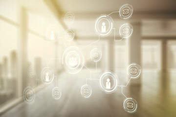 Poster - Abstract virtual social network concept on empty corporate office background. Multiexposure