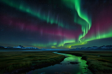 Canvas Print - aurora over the river,genarative ai