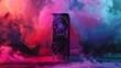 © tashechka - Close-up of a gaming graphics card surrounded by colorful smoke, showcasing its sleek design and advanced cooling system.