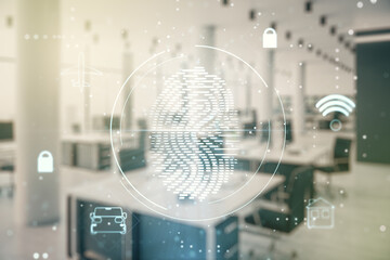 Aufkleber - Abstract virtual fingerprint illustration on a modern furnished classroom background, personal biometric data concept. Multiexposure