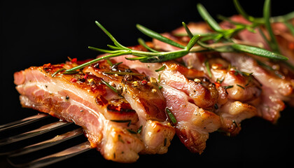 Slices of bacon with rosemary and spices on a metal fork. On a black background, close-up