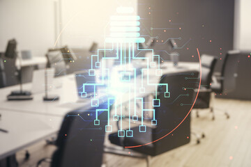 Poster - Virtual creative light bulb illustration with microcircuit on a modern furnished classroom background, future technology concept. Multiexposure