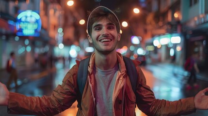 A cheerful young man in casual urban attire exudes a relaxed and welcoming vibe against the lively backdrop of city nightlife