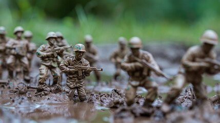 Retro toy soldiers kept in the mud