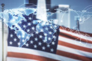Aufkleber - Abstract graphic digital world map hologram with connections on USA flag and blurry skyscrapers background, globalization concept. Multiexposure