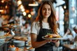 © AIGen - Cafe Food. Waitress Serving Delicious Dinner at Cafe Table with Young Woman