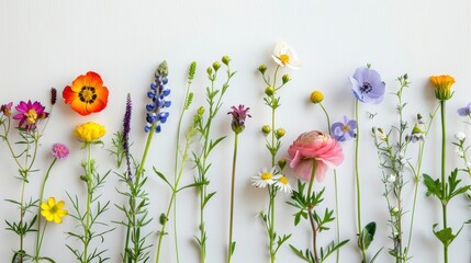 Wall Mural - A diverse assortment of colorful wildflowers arranged on a white background, highlighting various shapes, sizes, and vibrant hues.