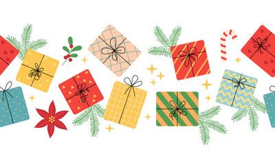 Seamless festive border with Christmas gifts. Pattern with colorful gifts. Edging, ribbon, border of outline festive Christmas symbols. Vector flat seamless border with gift boxes