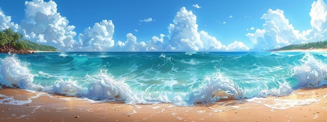 Wall Mural - Illustration lively beach scene with clear blue water.