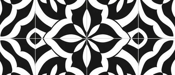 closeup of black white ornament pattern wall design, tiles seamless pattern art design background te