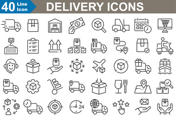 Wall Mural - delivery simple linear web icons set. fast delivery, service, tracking, customs, scooter, truck, bic