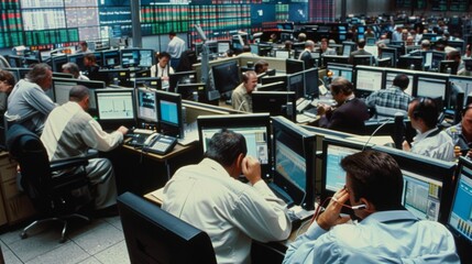 Aufkleber - A busy trading floor with traders working on computers, making phone calls, and discussing market movements.