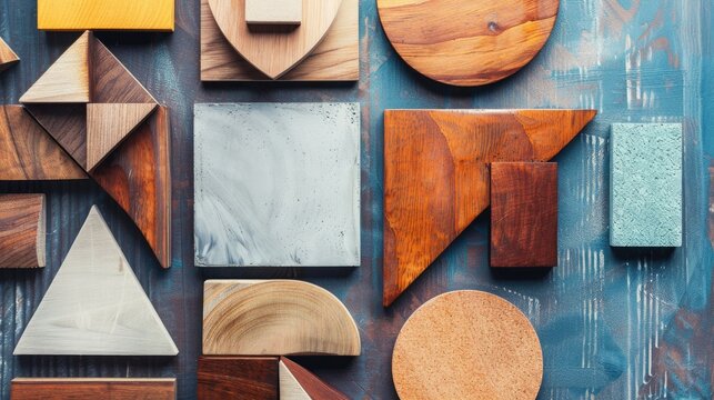 Geometric shapes on wooden surface with space for text Overhead view flat lay