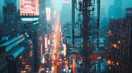 Aufkleber - A cellphone tower in an urban setting, surrounded by skyscrapers and busy streets, illustrating the integration of technology in the city.