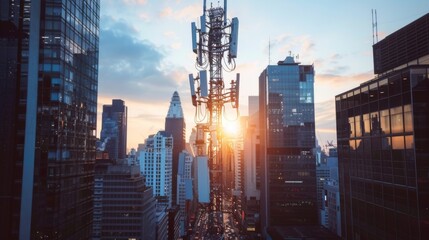 Aufkleber - A cellphone tower in an urban setting, surrounded by skyscrapers and busy streets, illustrating the integration of technology in the city.