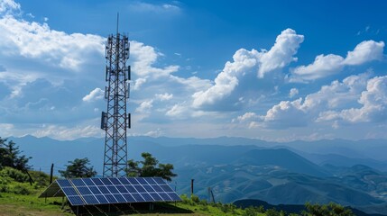 Wall Mural - A cellphone tower with solar panels installed at its base, demonstrating the use of renewable energy in telecommunications.