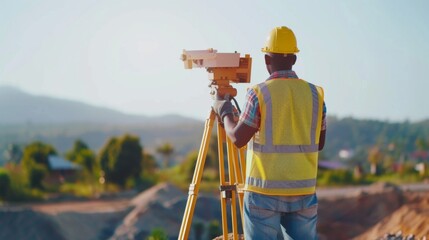 Poster - A civil engineer surveying a construction site with a theodolite, ensuring accurate measurements and site planning.