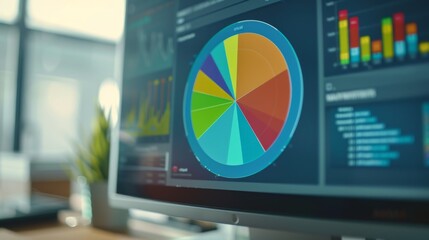 Leinwandbilder - A close-up of a computer screen displaying a colorful pie chart, representing data analysis and market segmentation.