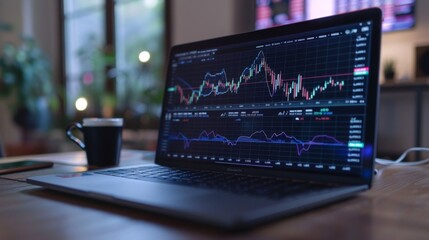 Aufkleber - A close-up of a laptop displaying a financial dashboard with various graphs and charts showing real-time stock market data.