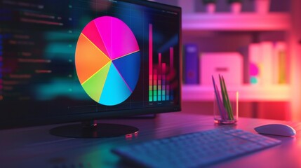 Poster - a colorful pie chart on a computer monitor, representing different investment allocations in a diver