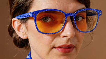 Poster - Close-up of a woman's face wearing blue and gold glasses.