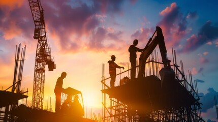 Poster - A construction site at sunset, with silhouetted workers and machinery against the colorful sky, creating a dramatic scene.