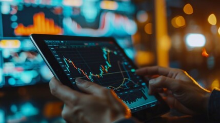 Poster - A financial analyst reviewing line graphs on a tablet, focusing on trends and stock market performance.